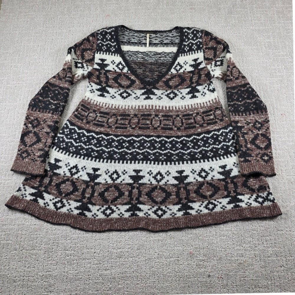 Free People Womens Small Brown Fair Isle Wool Alpaca V-Neck Sweater Tunic Dress